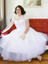 High Neck Modest Cap Sleeves Tea Length 1950s Style Lace Wedding Dress Plus Size,20102819-Dolly Gown